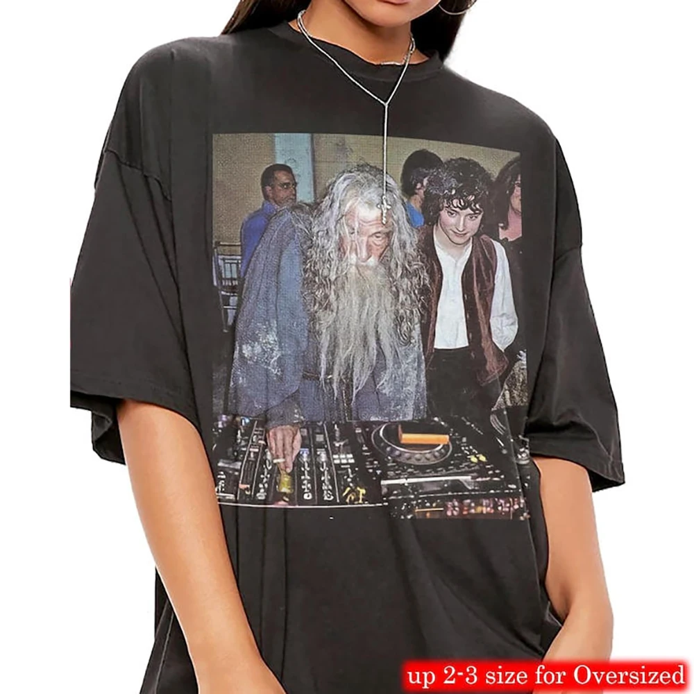Lustiges Gandalf-DJ-T-Shirt mit Frodo-Grafik, Dark Lord LOTR Tees, The Shire Fellowship Shirts, Humor, trendige Streetwear, Hip-Hop-Tops