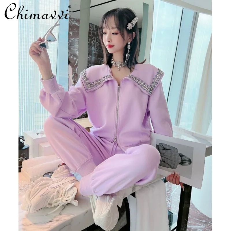 Exquisite Rhinestone Zipper Sweatshirt Women Coat Autumn New High Waist Casual Pants Sports Suit Fashion Ladies Two-Piece Set women spring new sports and leisure hooded suit polyester cotton fashion rhinestone short coat high waist trousers sportswear