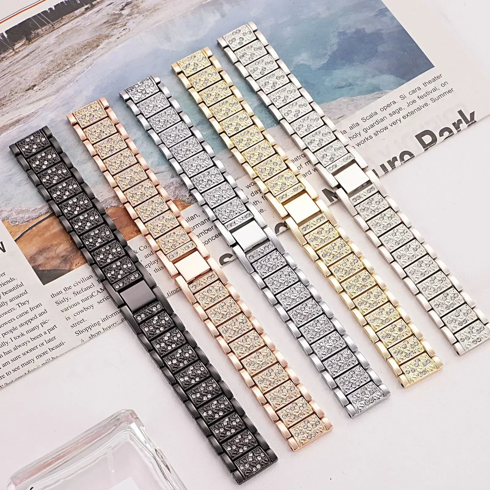 Elegant Diamond Metal Bracelet - 22mm/20mm Band