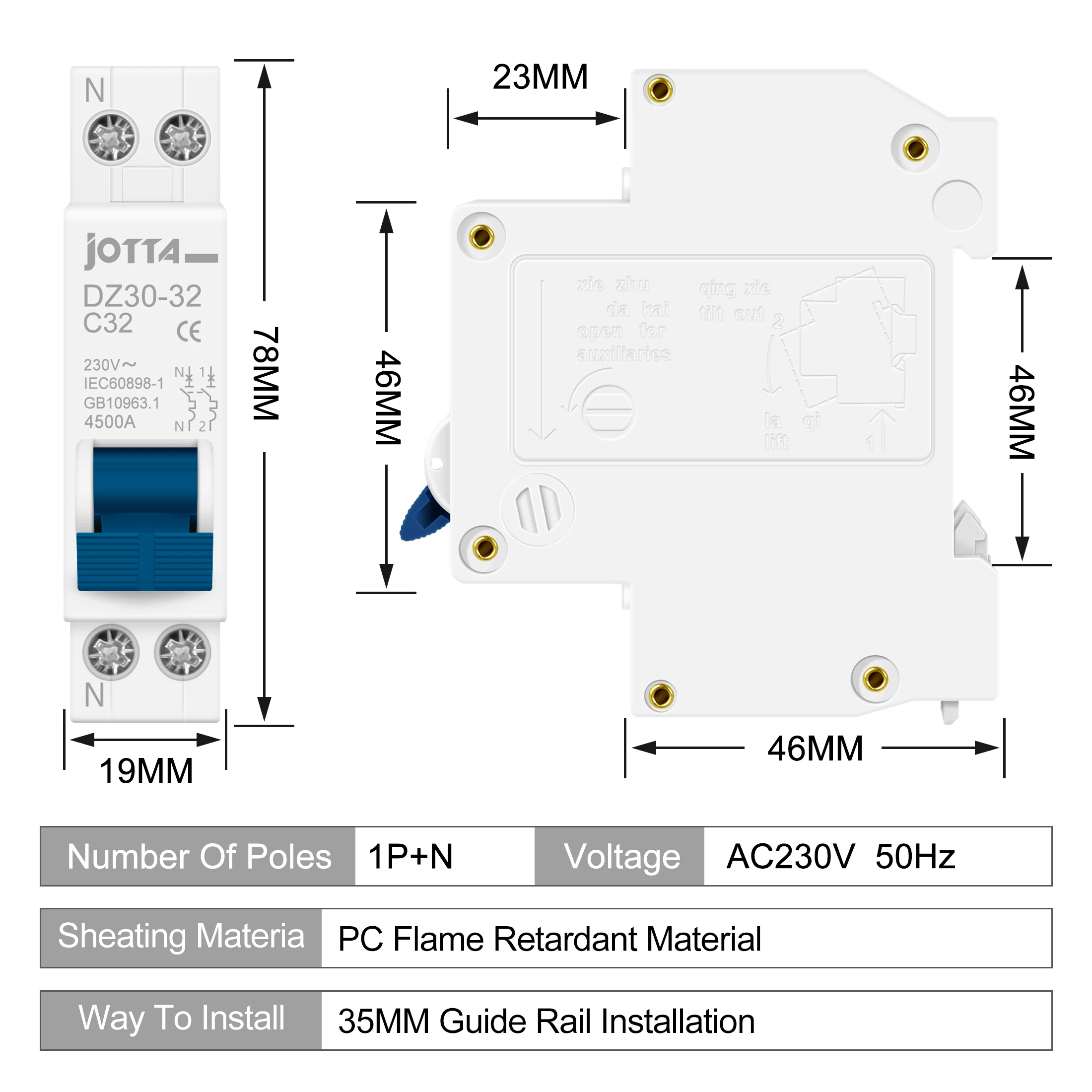 JOTTA Compact Din Rail Miniature Circuit Breaker, 6A-32A Range, Household Air Switch