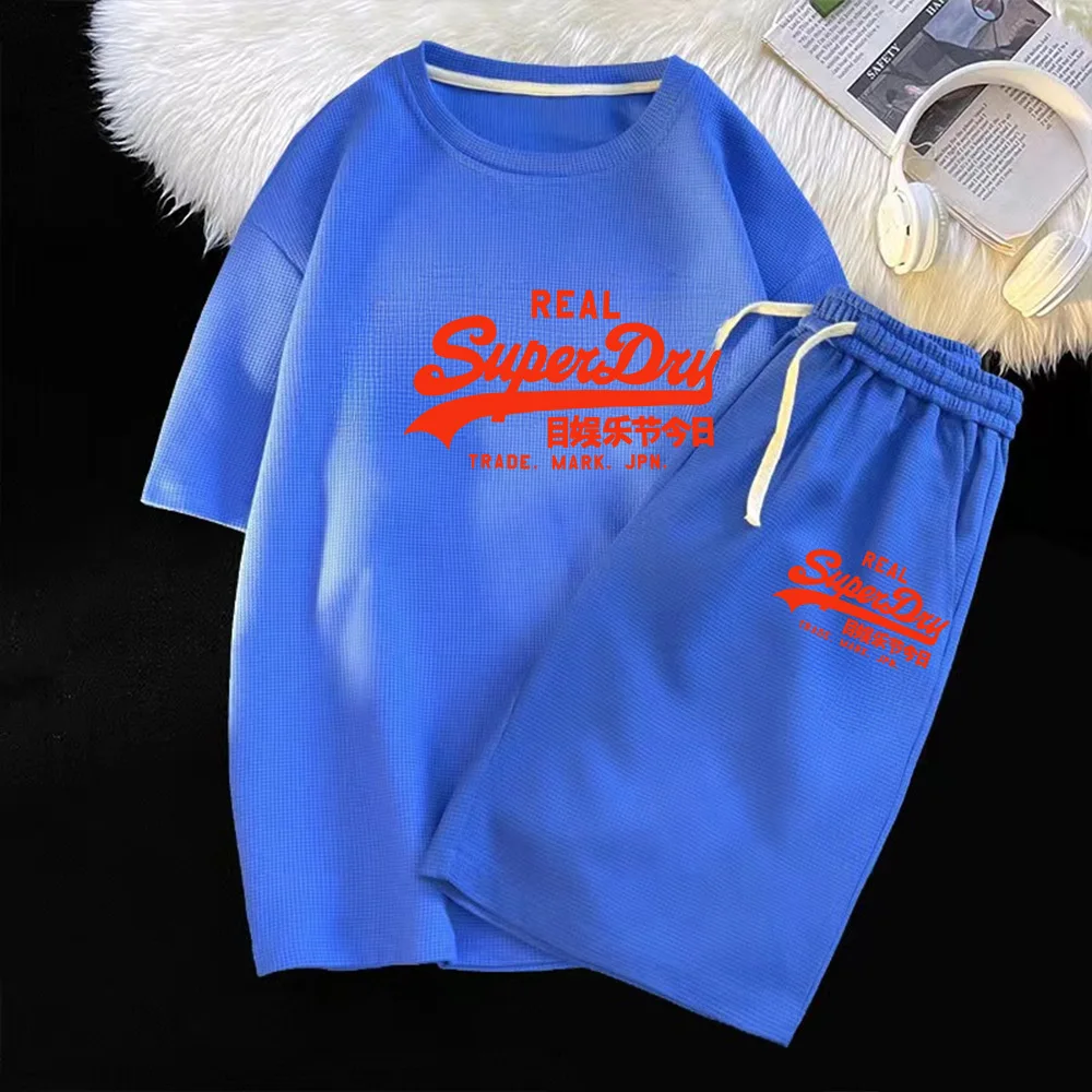thumbnail image 1 of Conjunto de dos piezas de marca de verano con diseño de gofres para hombre, camisetas, pantalones cortos, traje deportivo para correr, conjunto de 2 piezas, chándal informal, ropa de calle, conjunto d, 1 of 5