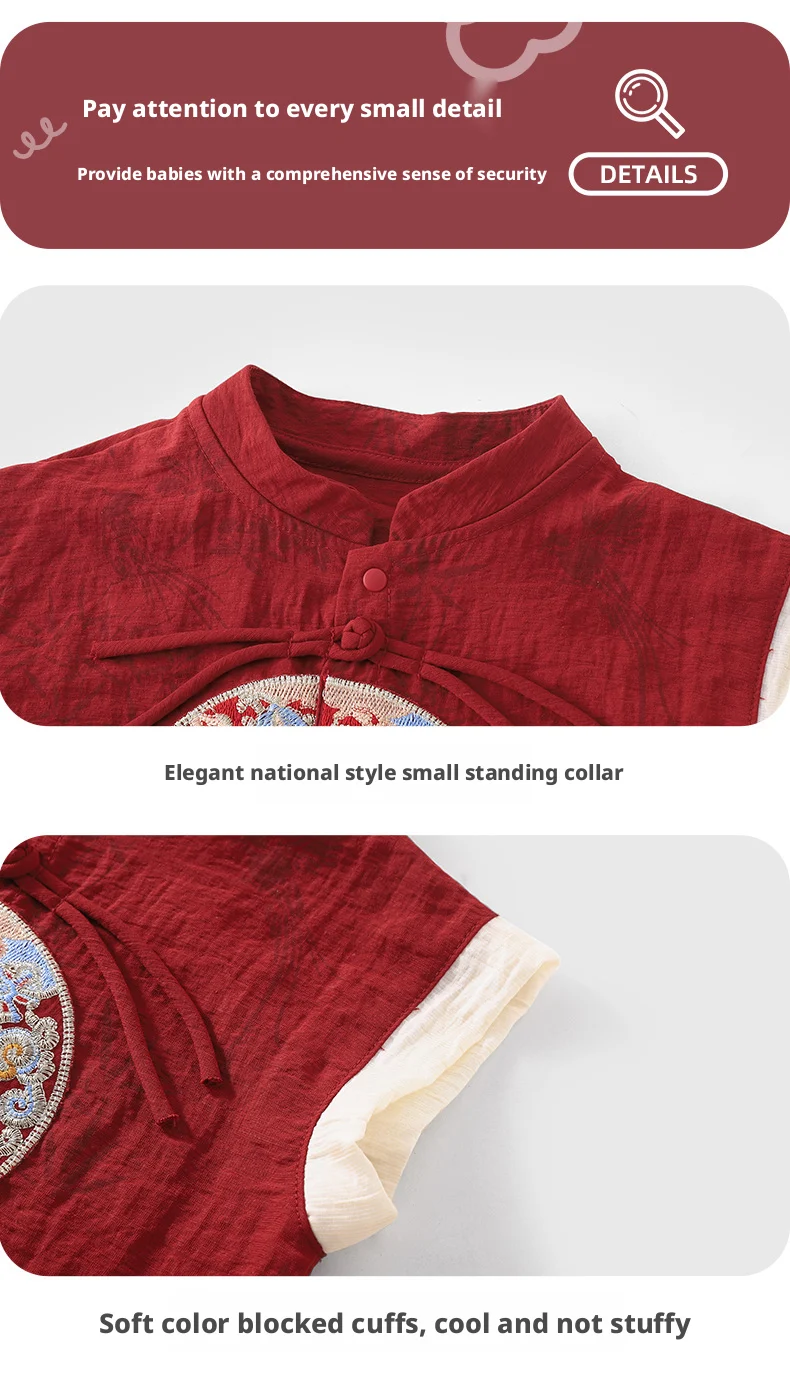 【Youqi】زي أطفال صيني للأطفال من عمر 0 إلى عامين، طقم صيفي شورت بأكمام قصيرة، زي احتفال مائة يوم على شكل قمر كامل أحمر، طقم مكون من قطعتين لعيد الميلاد الأول