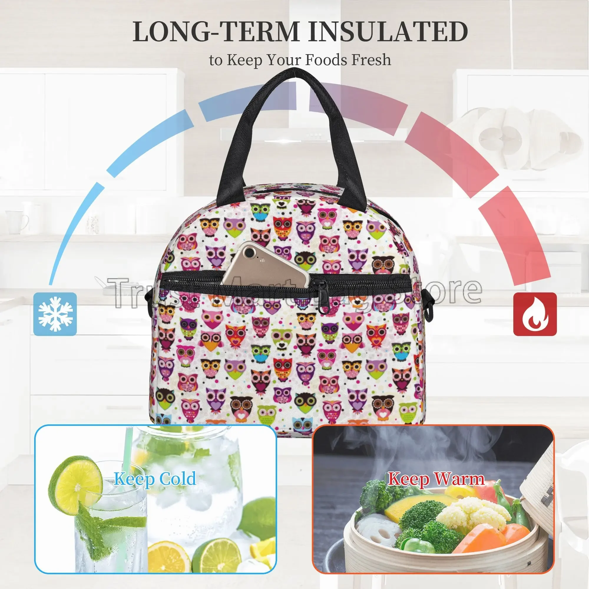 Cute Owl Reusable Insulated Lunch Tote Bag for Women Polka Dot Cooler Bag Lunch Box Container with Adjustable Shoulder Strap