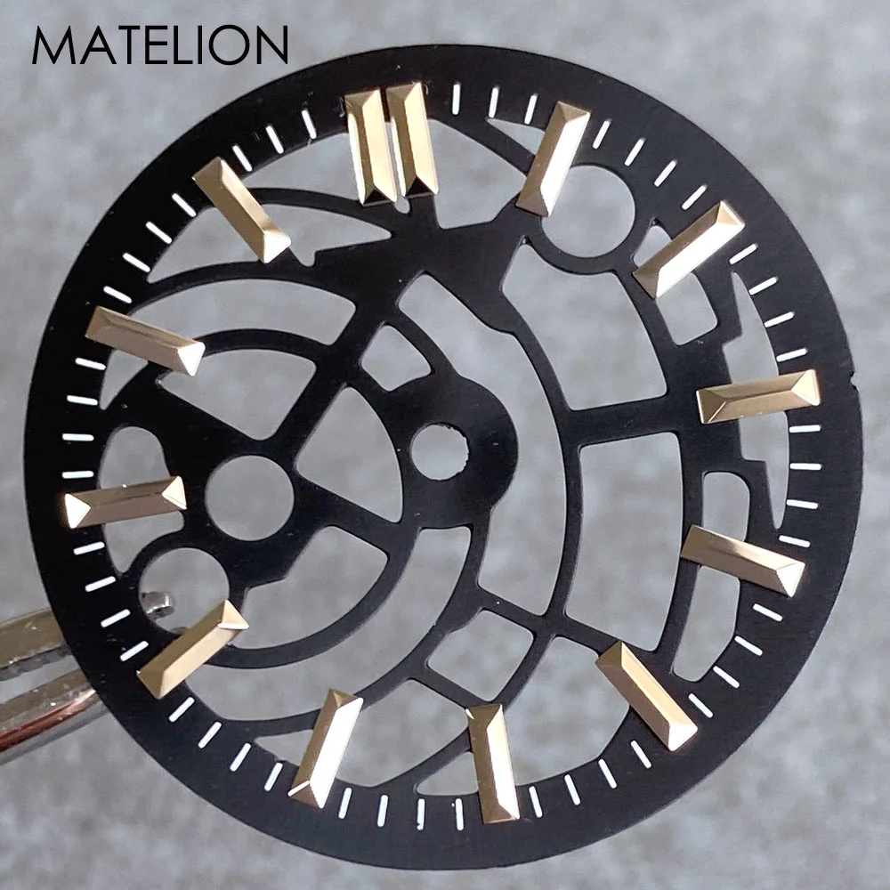 Silver and Black Skeleton Watch Dial with Metallic Markers - 29mm
