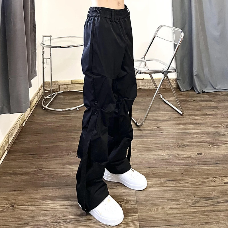 IEFB High Street Pleated Overalls Men's Pants Fashion Loose Straight Button Casual Male Trousers Solid Color Darkwear 9A6007 wide leg pants