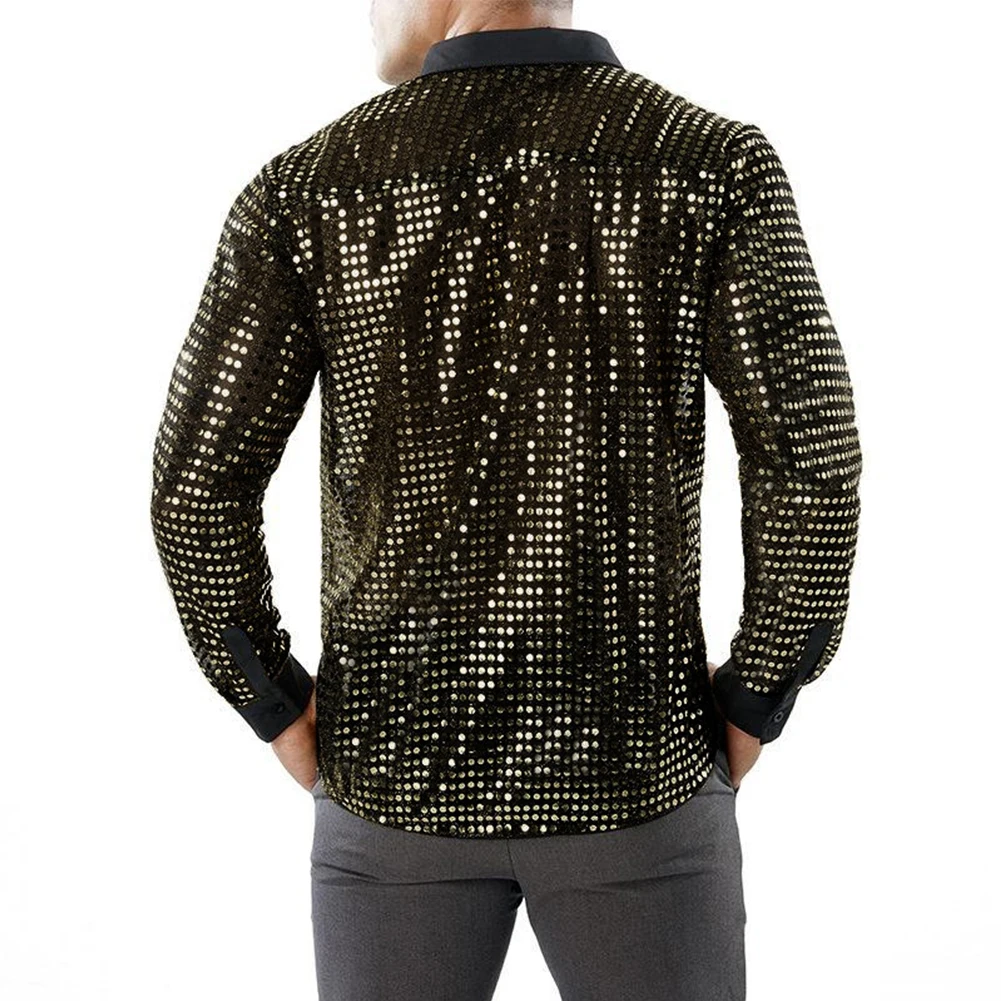 Men's Sparkly Sequins Shirts Long Sleeve Lapel Collar Party Dance Retro 70s Disco Nightclub Bling Tops Male Shirt