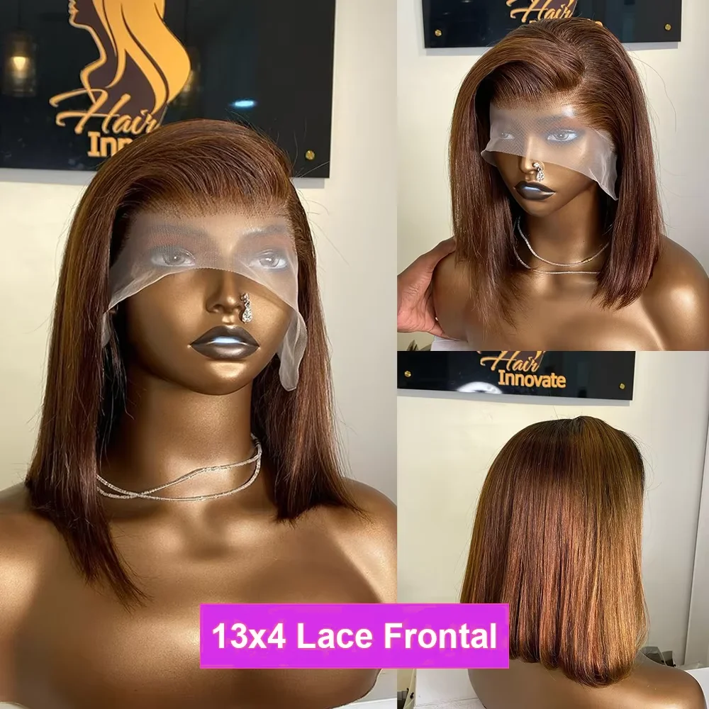 Brown Bob Wigs 13x4 Lace Frontal Wigs Chocolate Color Brazilian Lace Frontal Human Hair Wig Pre Plucked Straight Bob Wigs 16Inch