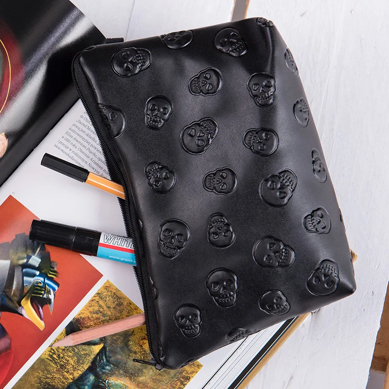 Black Skull Cosmetic Bag Women PU Leather Makeup Bag Travel Organizer For Cosmetics Toiletry Kit Bag Dropshipping 3