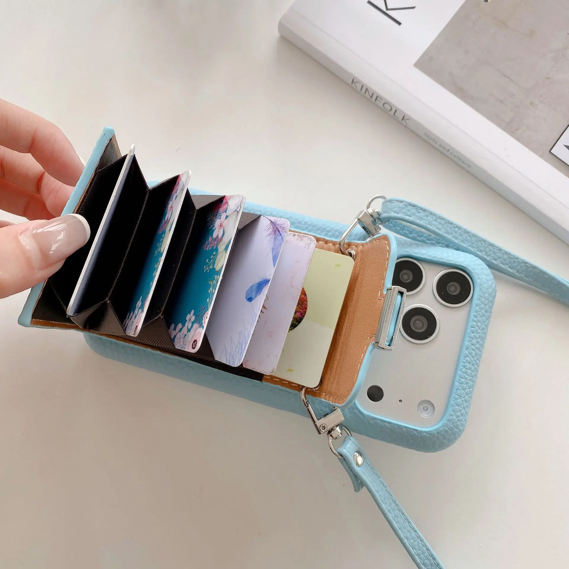 Elegant Leather Wallet Shoulder Strap Phone Case with Card Pocket and Lanyard Cover
