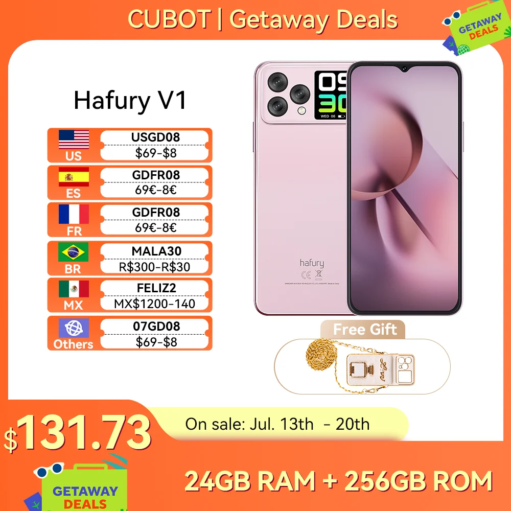 Cubot Hafury V1, 스마트폰 안드로이드, 16GB RAM(8GB+8GB), 256GB ROM(1TB 확장 지원), 듀얼 스크린, 64MP 카메라, 32MP 셀카 카메라, NFC, 글로벌 버전, 4G smartphone android, OTG, 아름다운 휴대폰, 여성용 휴대폰, 최고의 선물， 장바구니에 담기 