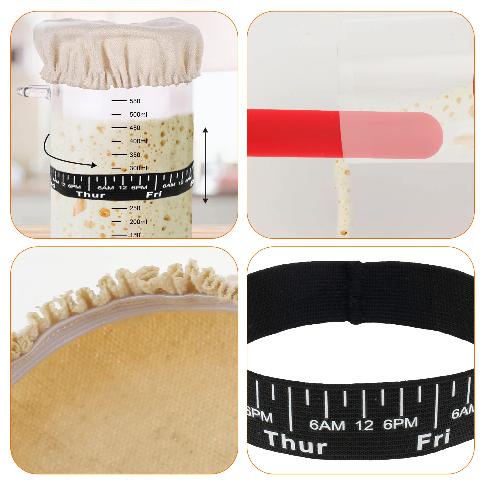 Dough Starter Jar Laber 7Pcs Sourdough with Cloth Cap Silicone Spatula Date Band Breathable Jar Cover for Kitchen Baking
