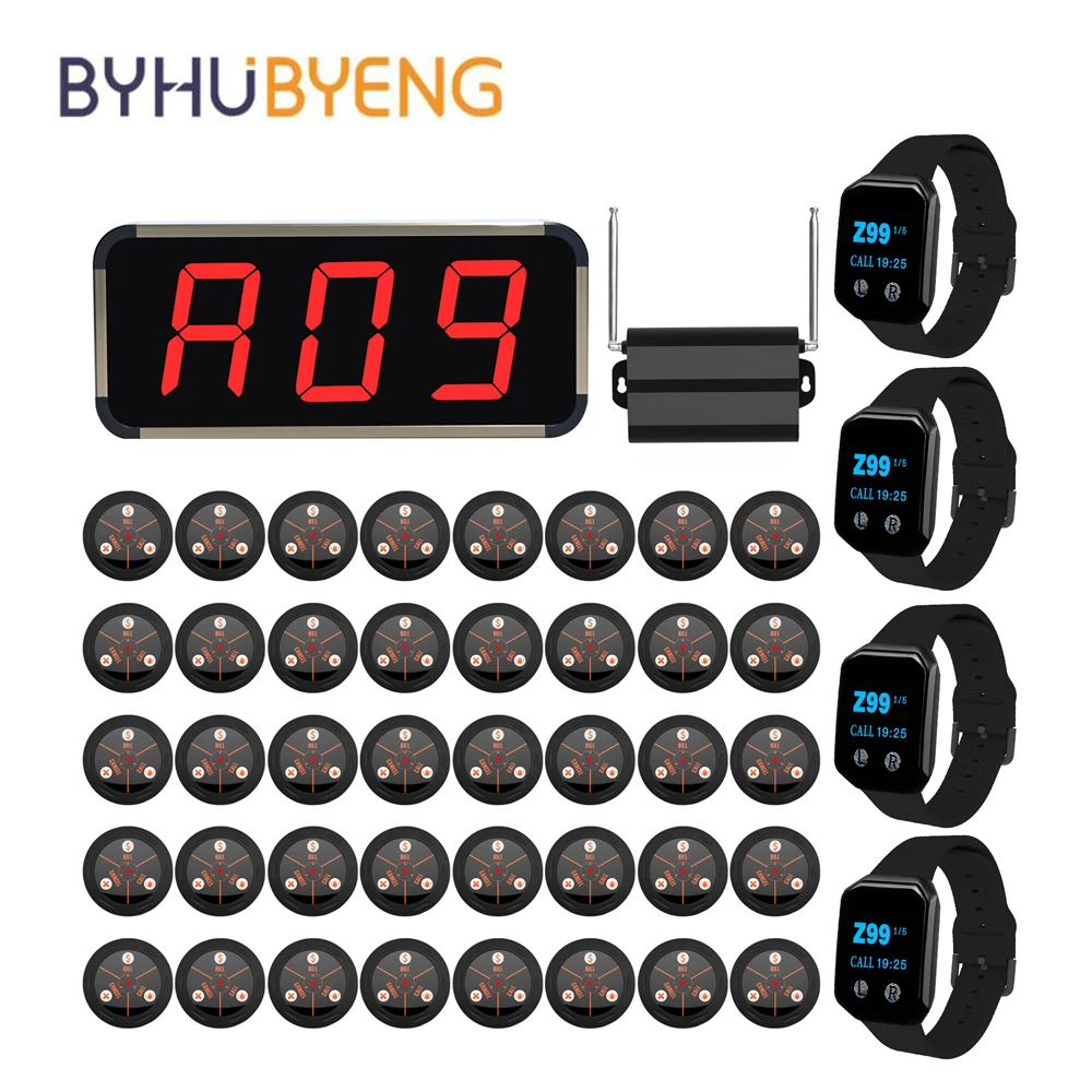 BYHUBYENG Restaurant Pager Hookah Wireless Waiter Call 40 Call Button + 4 Watch Receiver+Signal Amplifier Repeater