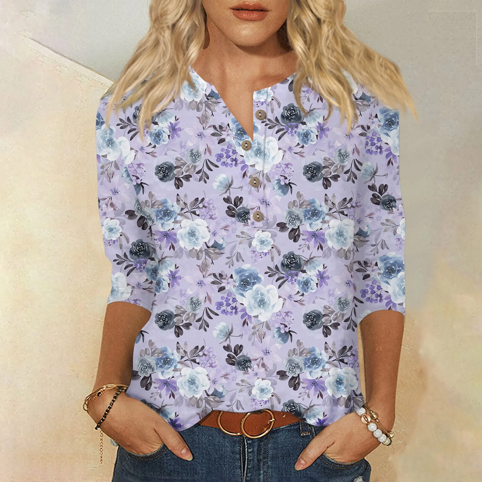 

2024 3/4 Sleeve T-Shirts For Women Cute Flowers Print Graphic Tees Blouses Casual Plus Size Basic Tops Pullover قمصان وبلوزات