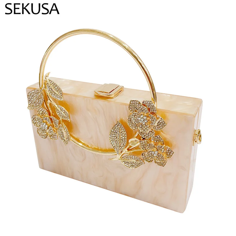 

Leaf Luxury Design Evening Bags Diamonds Acrylic Clutch Flap Shaped Banquet Lady Handbags With Chain Shoulder