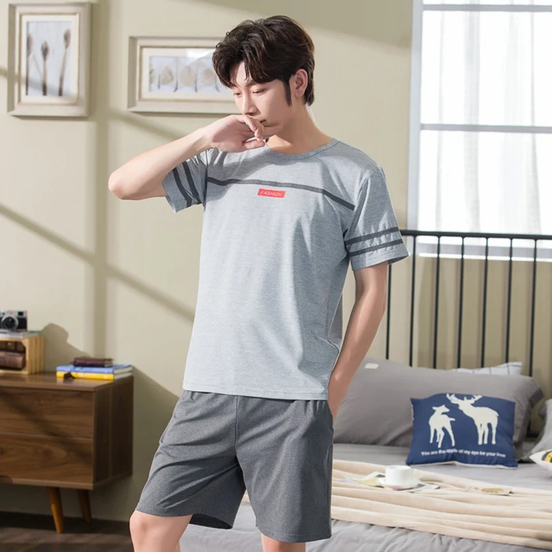 mens cotton pajama shorts 2022 Summer Short Sleeve Cotton Pajama Sets for Men Korean Sleepwear Suit Pyjamas Outwear Male Homewear Lounge Wear Home Clothes red and black plaid pajama pants Men's Sleep & Lounge