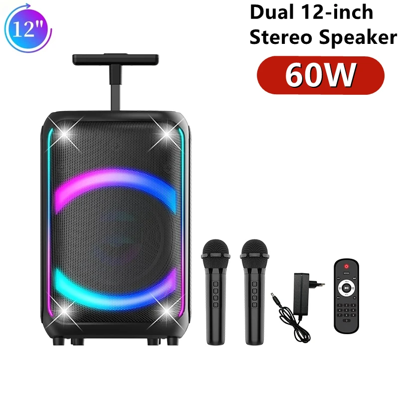 ZQS12136 Outdoor Super Large 60W Strong Bass 12 Inch Trolley Speaker Colorful Lights Wireless Subwoofer Party Speakers with Mic