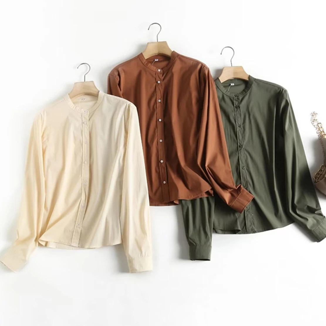 

Withered Simple Japanese Style Solid Blouse Women Stand Neck Long Sleeve Shirt
