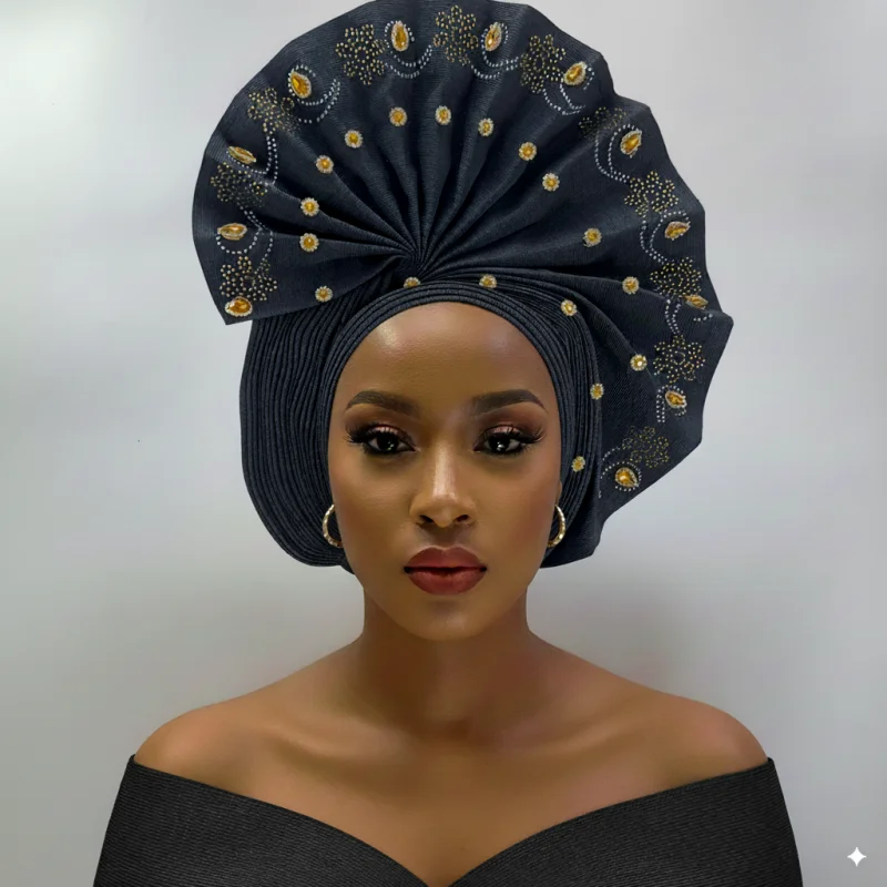 Nigerian gel headgear stone bead auto turban afro aso ebi gel aso oke wide brim headgear 7L111802 african headwrap