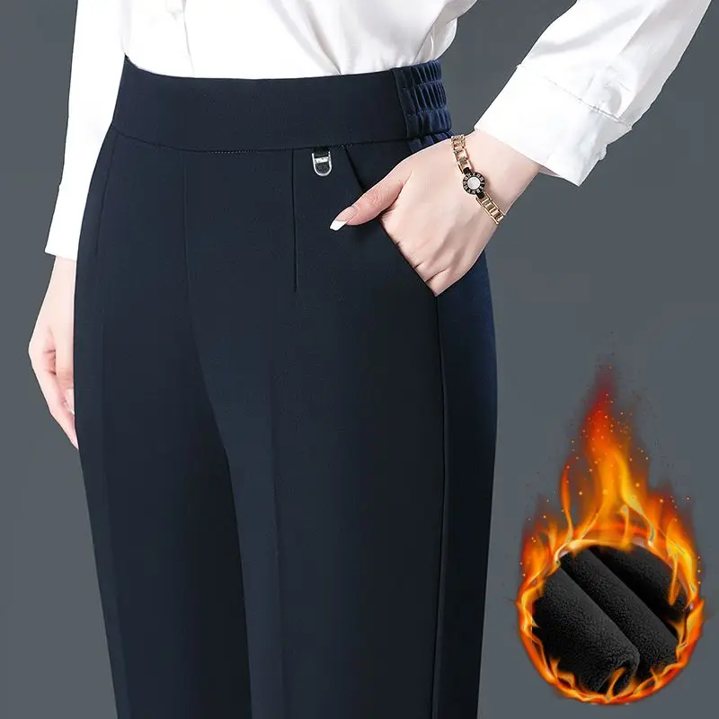 Temperament Casual Autumn Winter Plus Velvet Thicken Pants New Women Solid Pockets Elastic High Waist Fashion Straight Trousers 2