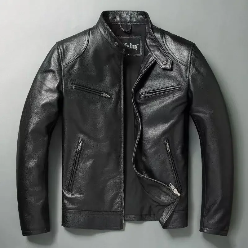 Kairos | Men's Leather Jacket Slim Fit with Stone Pattern and Standing Collar