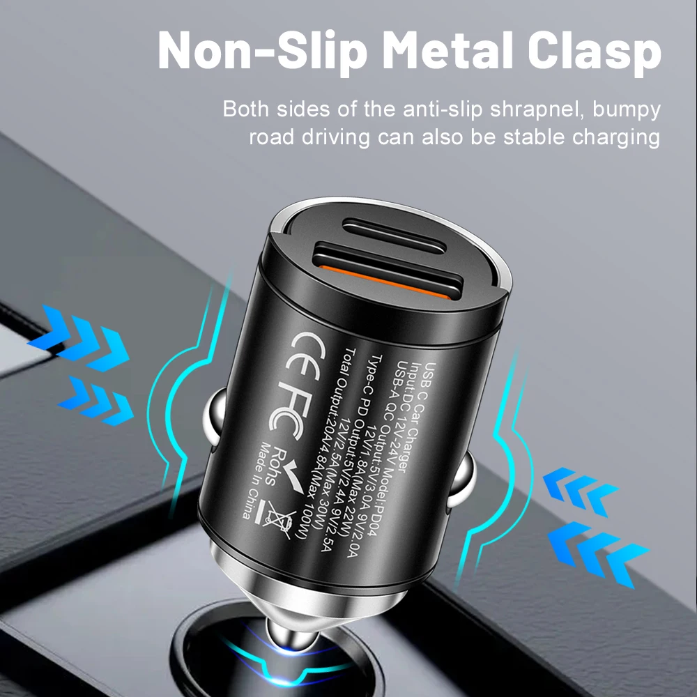 PD QC Pull Ring Fast Charging Car Charger USB C Car Phone Charger Adapter For iPhone Xiaomi Samsung Huawei