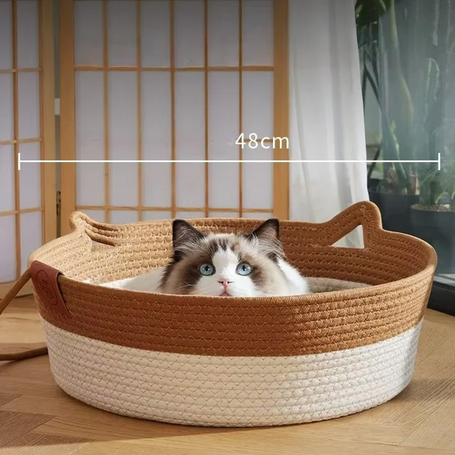 Japanese Pet Cat Bed Round Hand Woven Rattan Cat Beds Summer Cooling Kitten Basket Cotton Rope Cat Scratching Baskets 4