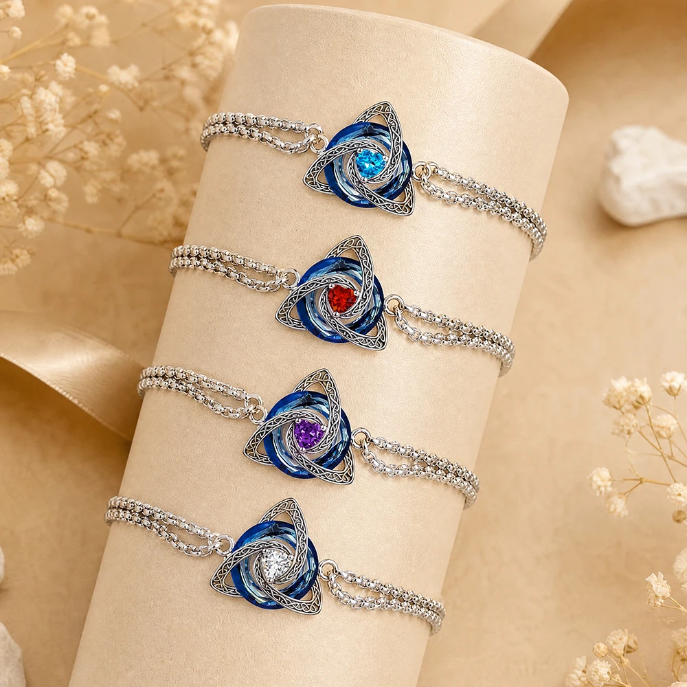Colorful Crystal Celtic knot Bracelet Heart Zircon Trinity Knot Triquetra Double Chain Bracelets Irish Jewelry for Women