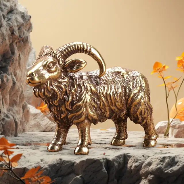 Brass Goat Sculpture Home Decor Luck Simulation Small Art Craft Collectible Copper Sheep Ornament Animal Figure for Bedroom