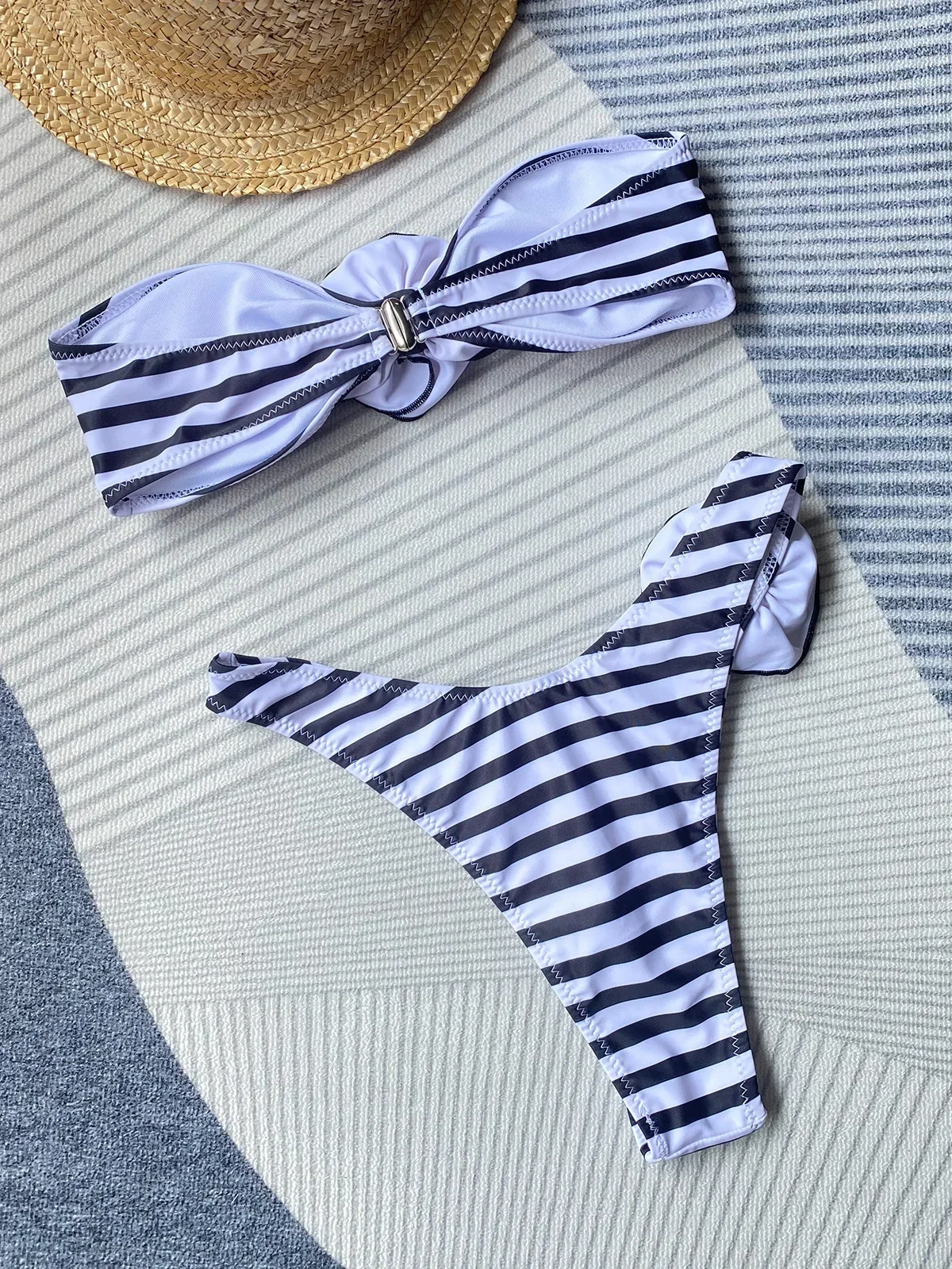 Sexy Flower Striped Print Bandeau Bikinis Sets Mujer Micro Thong Swimsuits Women Swimwear High Cut Bathing Suit Bikini Beachwear