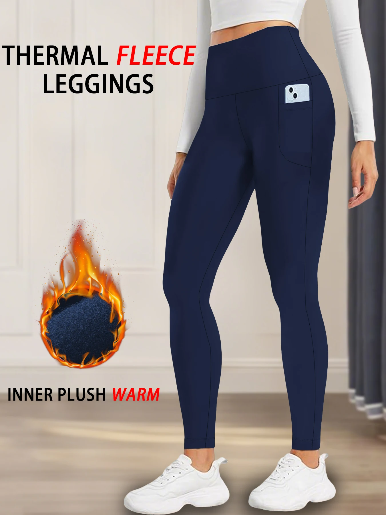 Dicke Thermo-Leggings für Damen mit Taschen – hoch taillierte, mit Fleece gefütterte, bauchkontrollierende, warme Winterstrumpfhose, Workout-Laufhose – Detail 7
