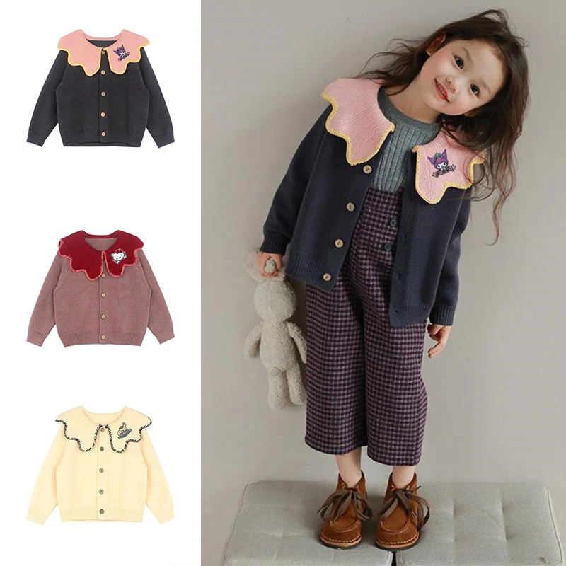 

Sanrio Cartoon Girls' Polo Neck Sweater Autumn and Winter Sweet Hello Kitty Kuromi Anime Knitted Coat Fashion Pom Pom Purin Top