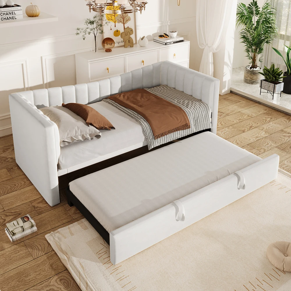 Tagesbett, 90 x 200 cm (180 x 200 cm), gepolstertes Bett mit ausziehbarem Bett, Schlafsofa, Einzelbett, Doppelbett (ohne Matratze), Samt – Detail 20