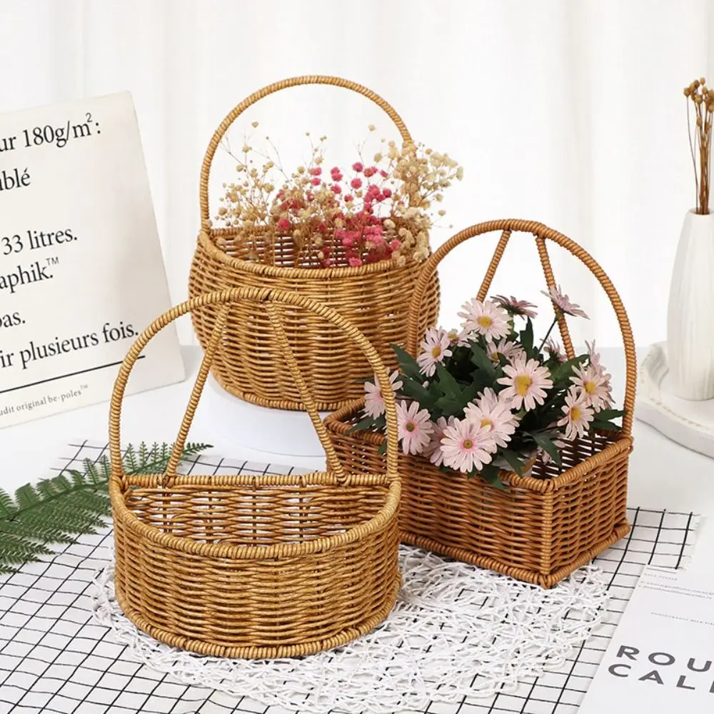 Imitation Rattan Kitchen Storage Basket with Handle Brown Wall Hanging Basket Sundries Organizer Toilet Rack 4