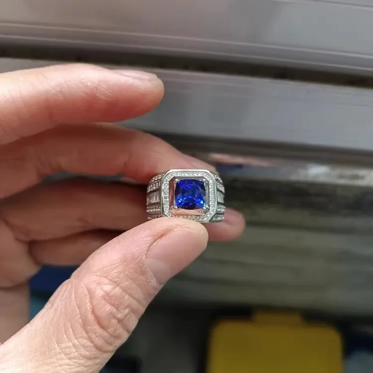 Men's ring with blue corundum Royal Sapphire fixed circle available US size 7-8-9-10