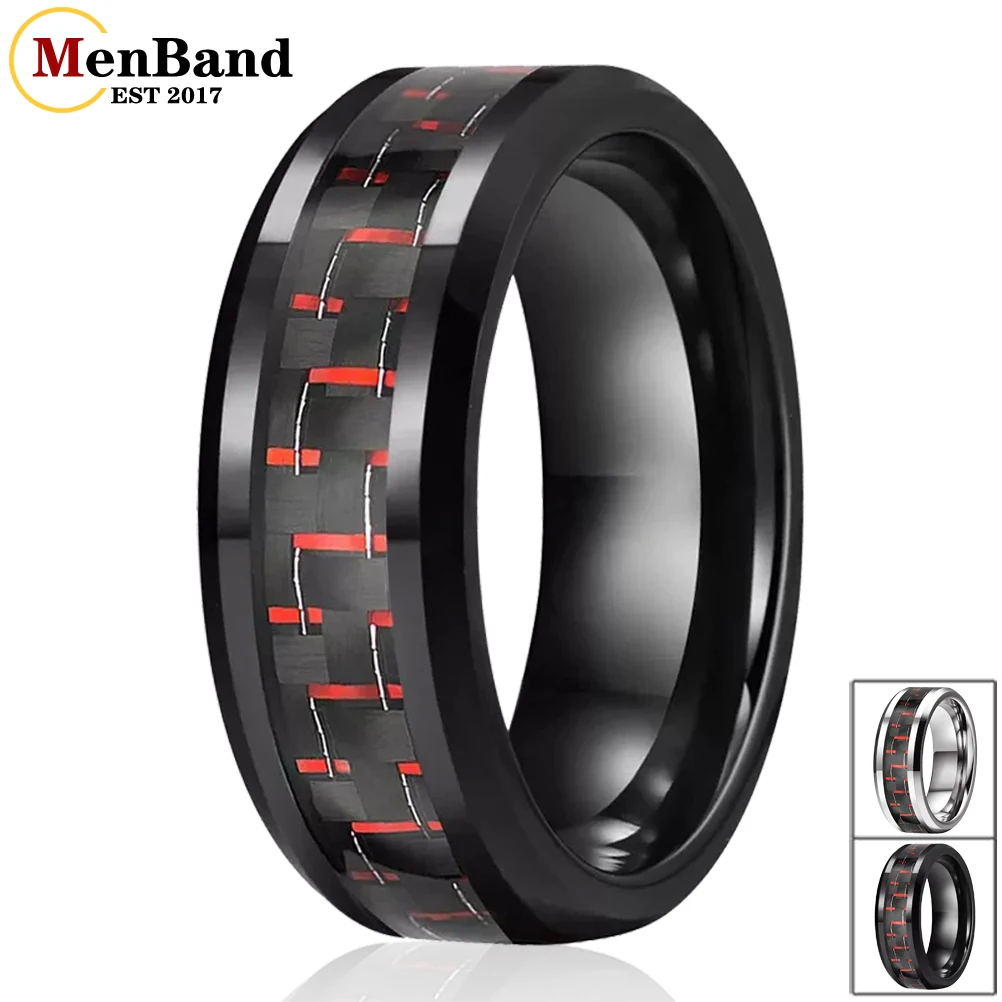 MenBand Fashion 8mm Tungsten Carbide Rings for Men Women Wedding Band Black+Red Carbon Fiber Inlay Beveled Polishing Comfort Fit