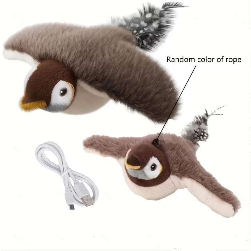 Giocattolo interattivo per uccelli da compagnia Ali battenti (con erba gatta) Giocattolo di peluche stridulo attivato al tocco ricaricabile tramite USB Uccello volante per interni - immagine 3