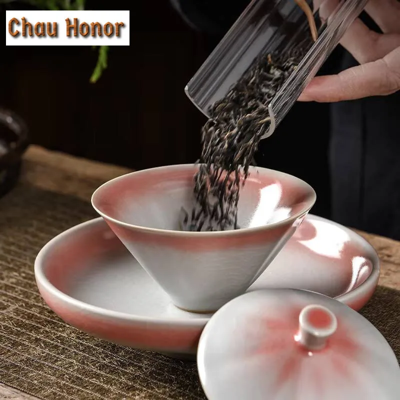 100ml High-end Ru Kiln Cherry Powder Ceramics Sancai Gaiwan Handmade Home Kung Fu Tea Set Tea Ceremony Drinkware Birthday Gifts