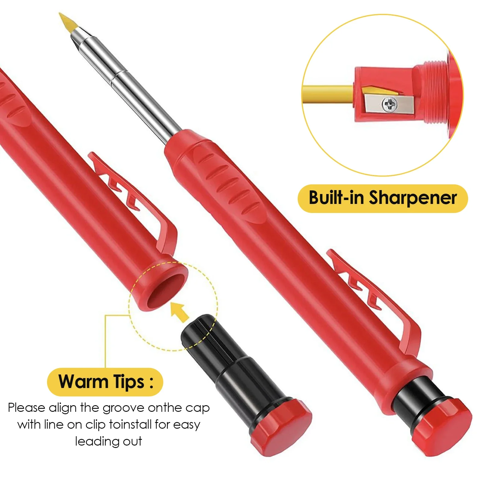 

Solid Carpenter Pencil and Built-in Sharpener with Refill Leads for Deep Hole Mechanical Pencil Marker Marking Woodworking Tools