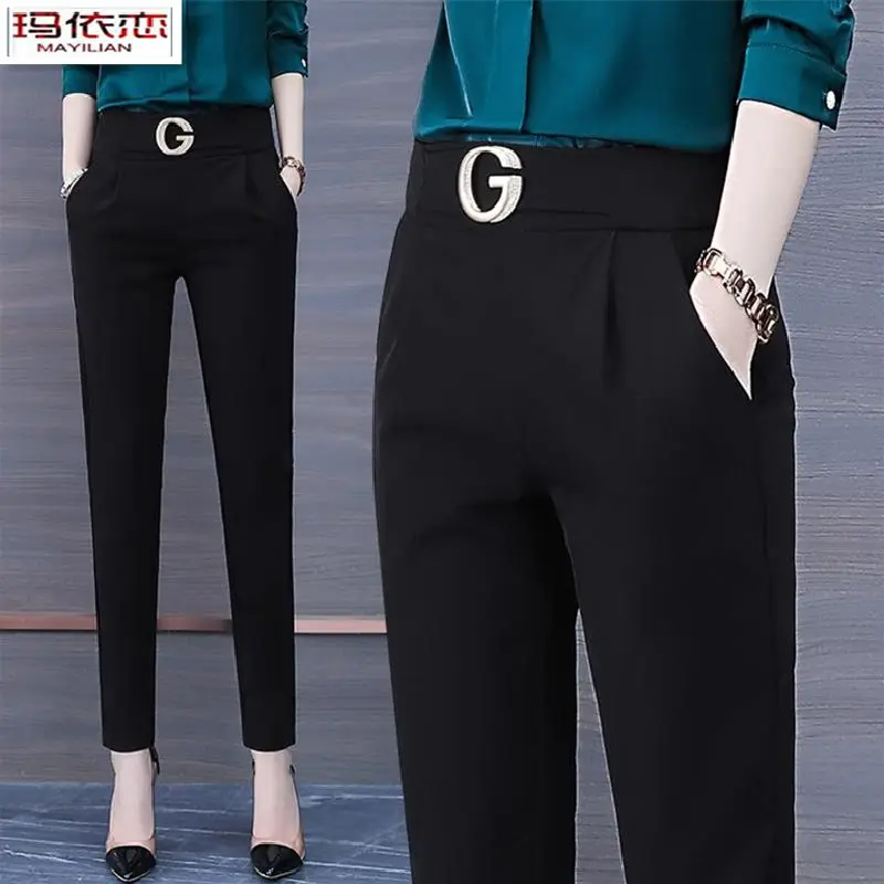 

Женские Простые однотонные приталенные шаровары с высокой талией в Корейском стиле на весну, черная прямая женская одежда, повседневные универсальные трендовые шаровары большого размера