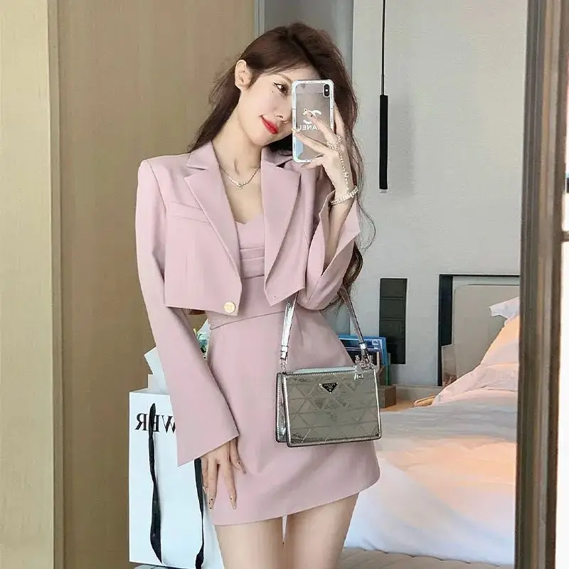 Korean Elegant Chic Suit Two Piece Women's Spring and Autumn New Fashion Short Casual Pink Blazer Coat+Slim Sling Dress Set