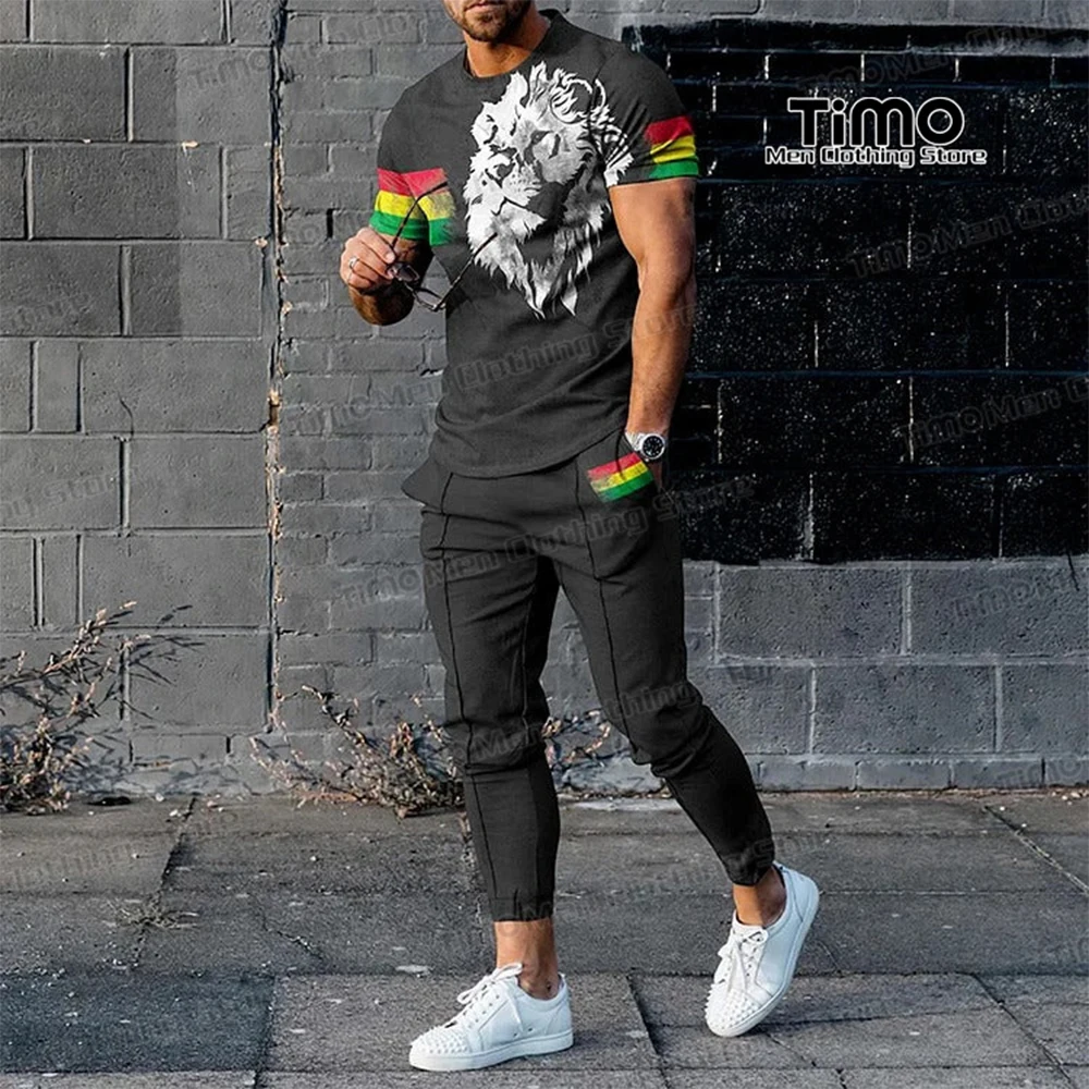 Spring/Summer Tracksuit Set Men Lion 3D Printing Short Sleeved T-shirt+Trousers Suit Daily Street Fashion Casual Men's Clothing