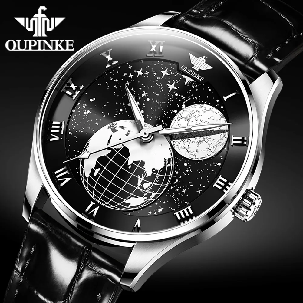 

OUPINKE Men Mechanical Watch Starry Sky Moon Phase Sapphire Crystal Glass Automatic Leather Business Wristwatch For Mature Male
