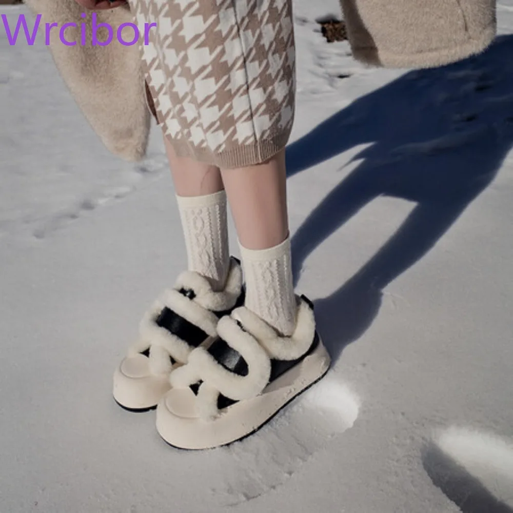 

Women's Snowshoes Are Made of Cowhide, with One Fur Inside, Round Toes Shearling Warm Womens Shoes Kawaii Shoes