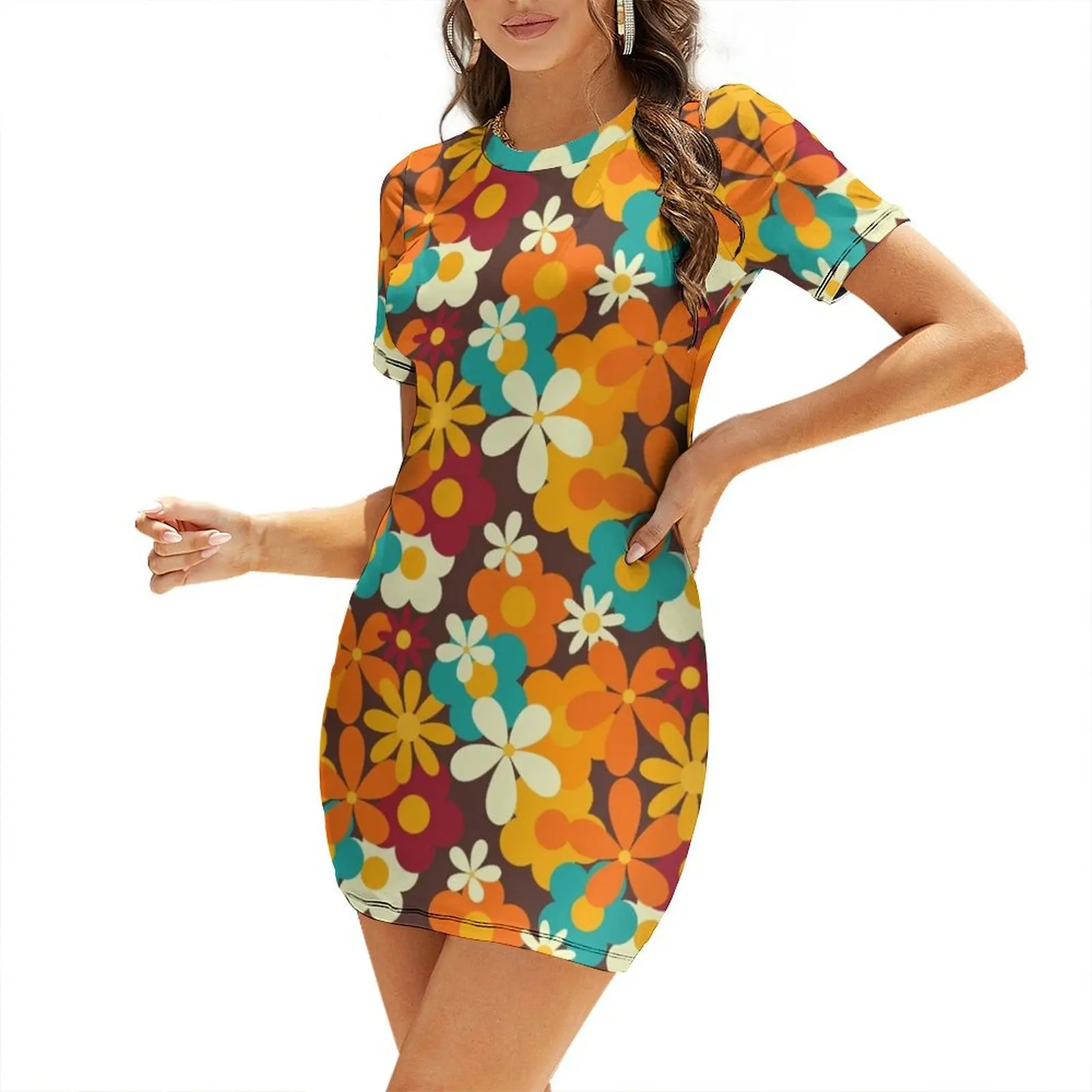 

Retro 70s Classic Colors Flower Power Seamless Repeat Pattern Print Short Sleeved Dress elegant dress