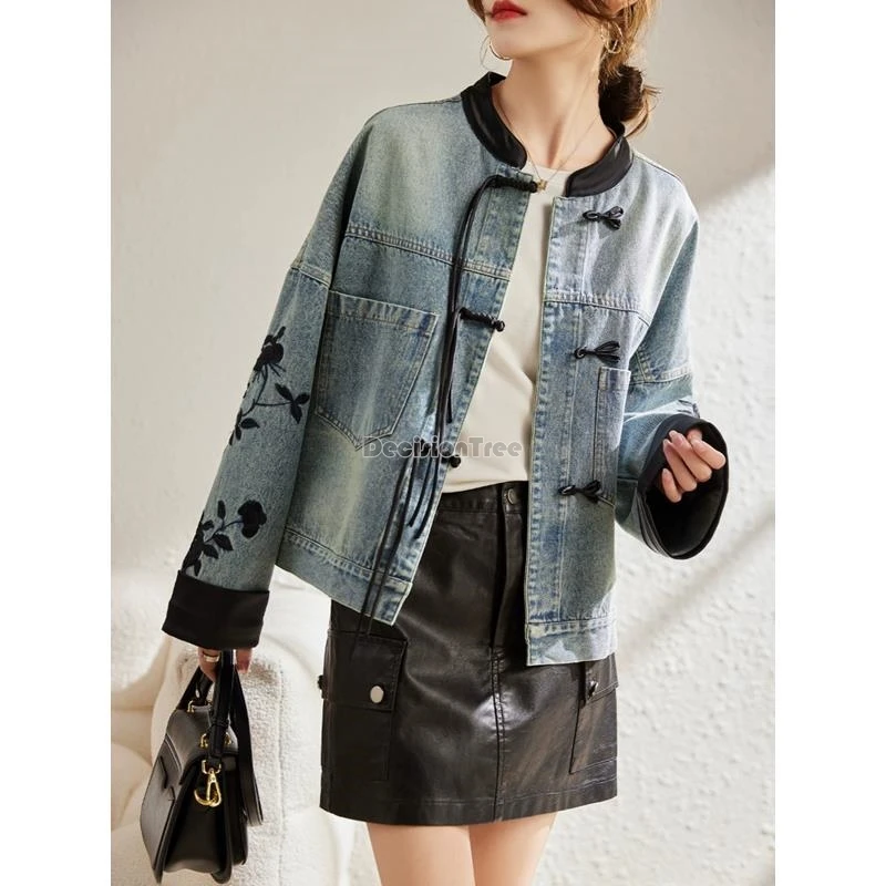 Retro Chinese Style Denim Coat for Women's Spring Casual Daily Wear Fashionable Embroidery Stand Collar Button Top women chinese shirt