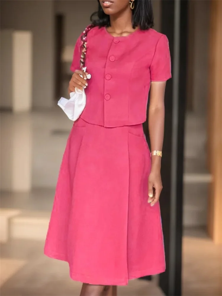 707522-a603aa.jpg ZANZEA Casual Buttons 2PCS Suit Women Solid Skirt Sets Elegant Short Sleeve Tops Pleated Short Skirt Summer Office Dress Outfits - Image 1