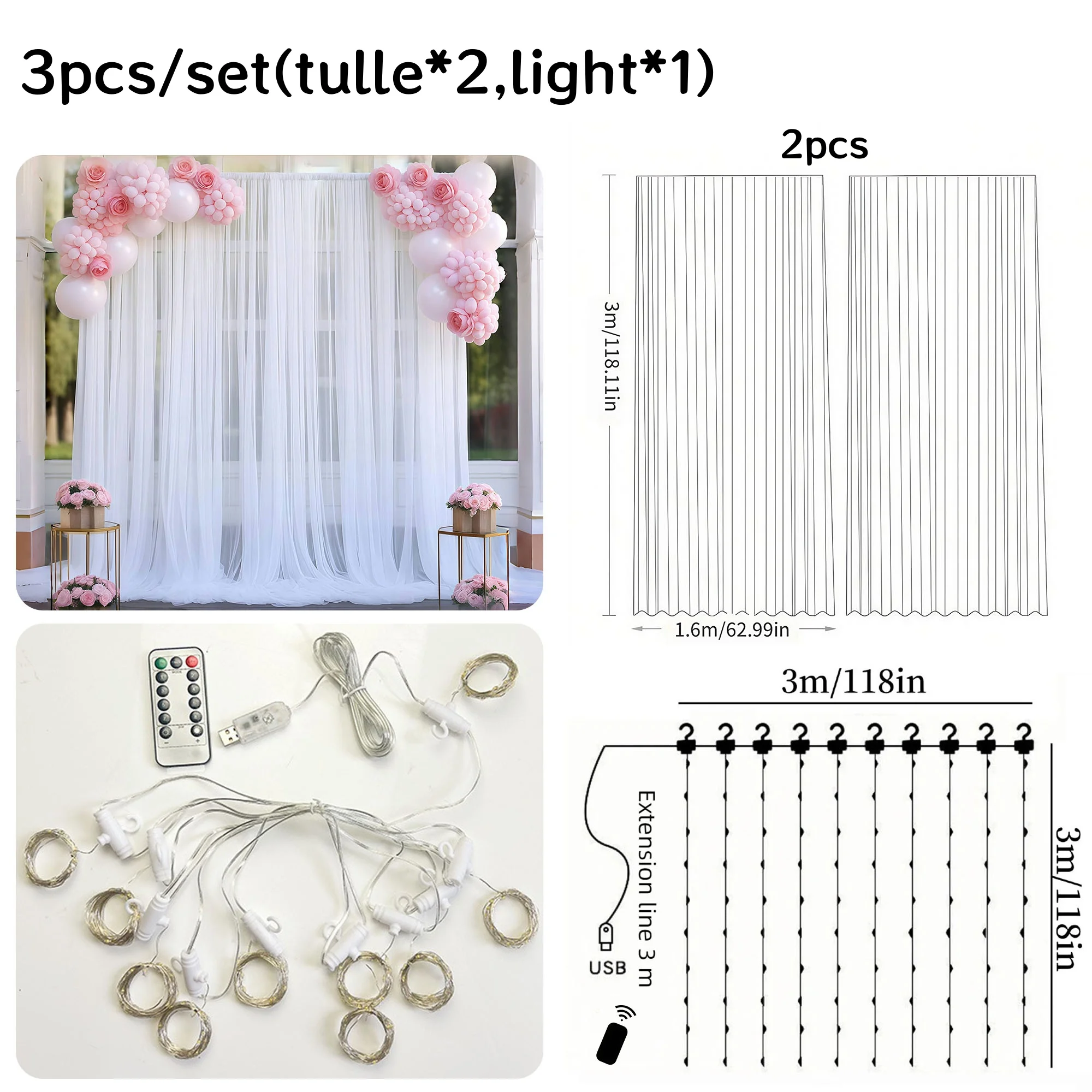 Tulle Backdrop Curtain with Lights 2