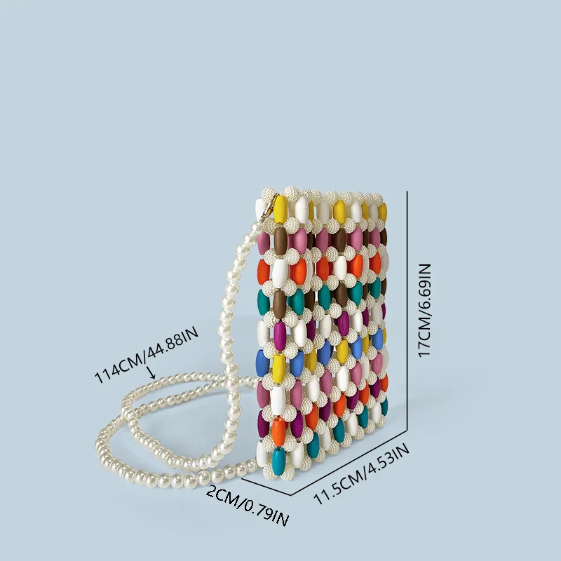 Colorful Wood Bead Splicing Mini Crossbody Phone Bag Vacation Style Leisure Handmade Bead Bag