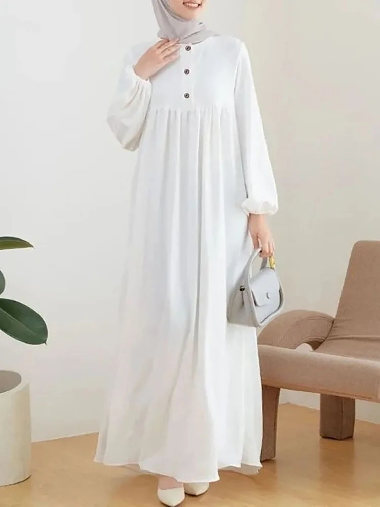 Elegant Women's Vintage Round Neck Long Sleeved Muslim Dresses Spring Fall Fashion Solid Loose Casual Ladies Dubai Turkish Abaya
