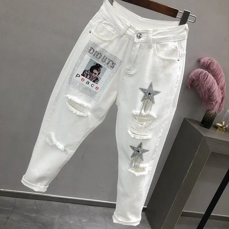 

2023 Summer New Korean Fashion Harlan Female Jeans Heavy Lndustry Hole High Waist Nine Points Leisure Women White Cowboy Pants